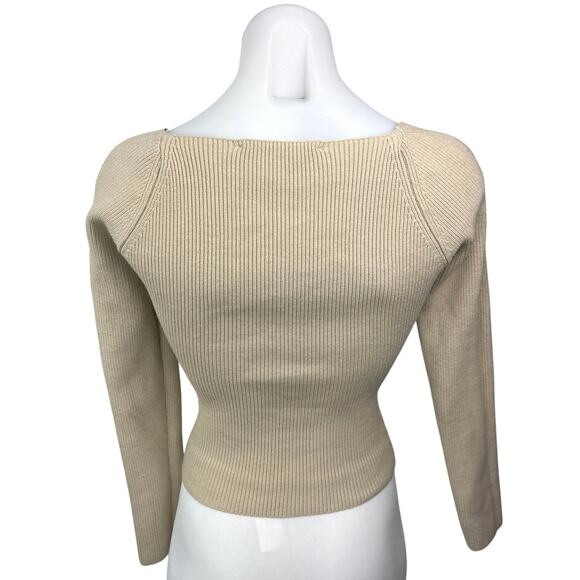 Zara Beige Sweetheart Neck Slim Fitted Stretch Knit Long Sleeve Sweater Top S - Picture 2 of 4